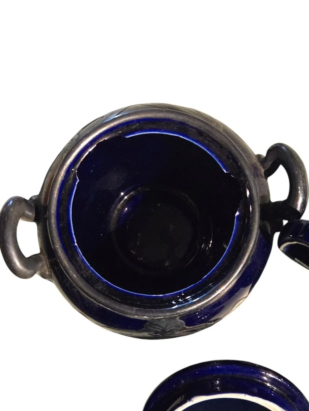 antique Lenox cobalt blue sterling silver overlay creamer and sugar set